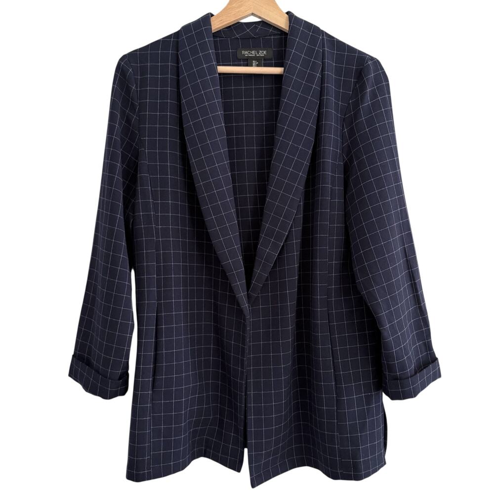 RACHEL ZOE Open Front Knit Blazer Jacket Navy Blue Windowpane Check Preppy S